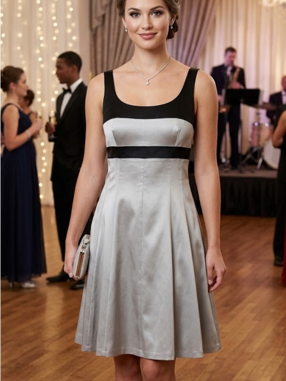 BNWT Formal Nine West Sleeveless Two-Tone Evening Dress in Black and Silver Gray
